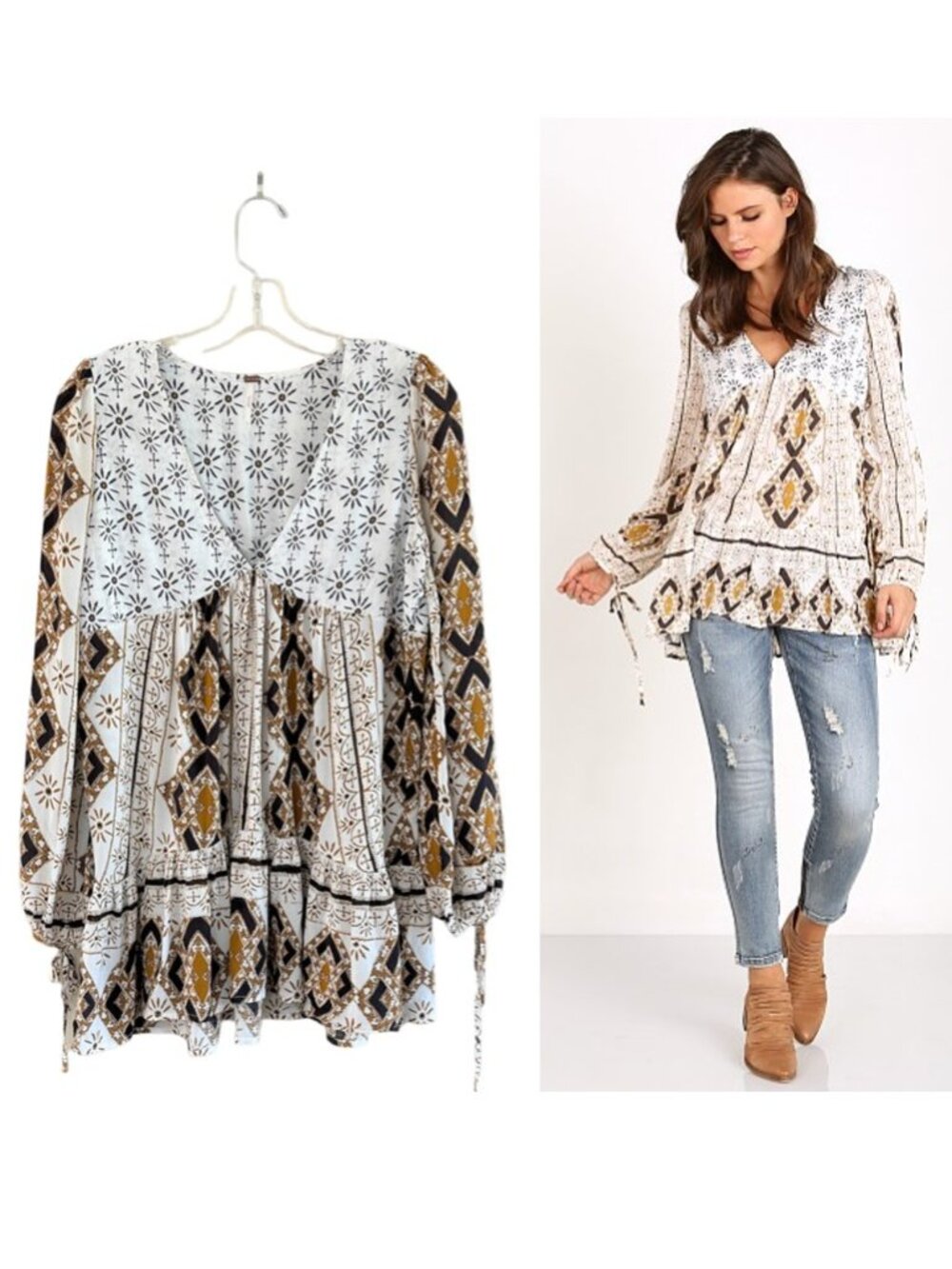 Free People 60s Down By the Bay Tunic Top White Gold Black, XS